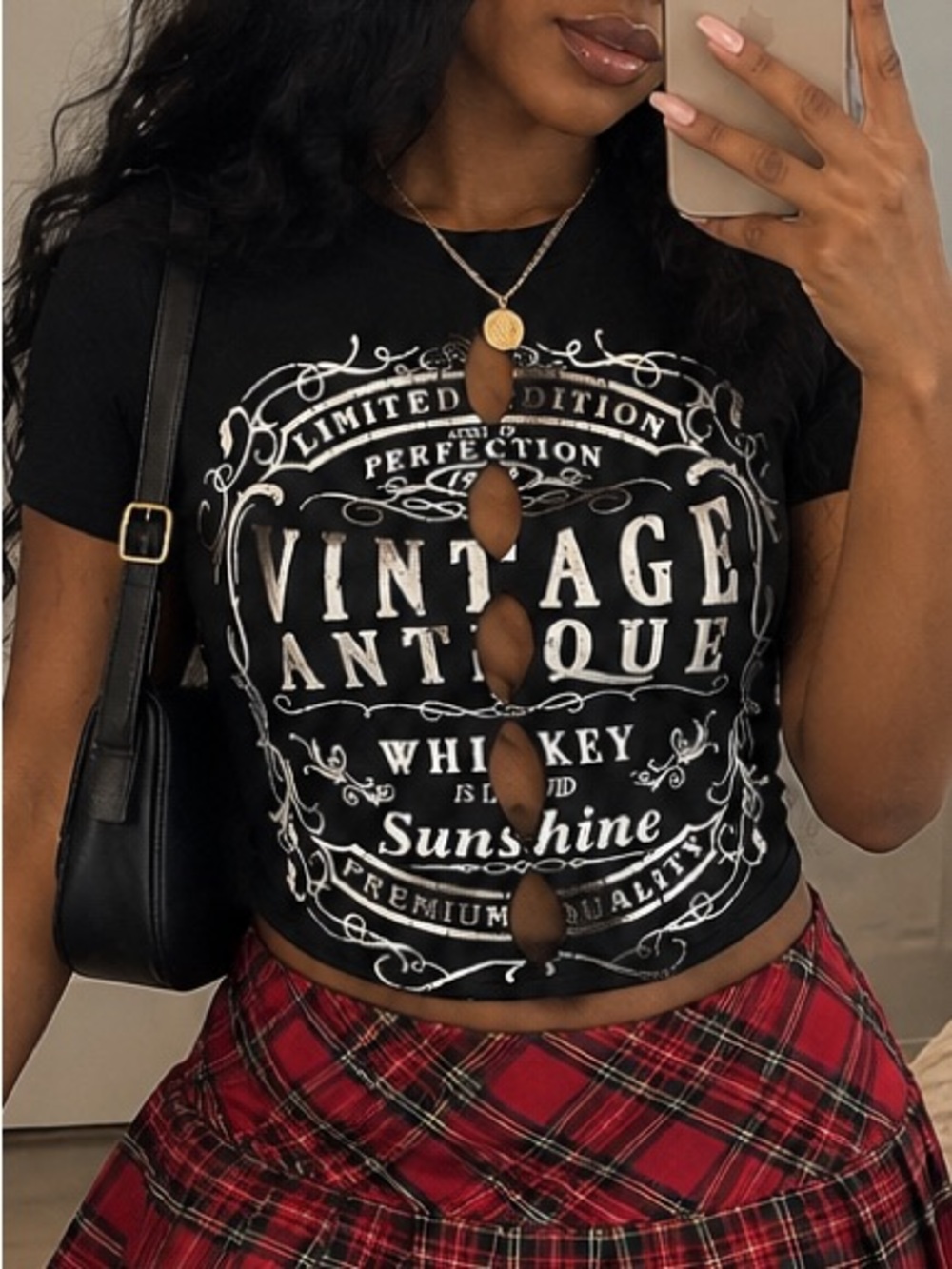 Vintage Antique Graphic Cutout Black Crop Top